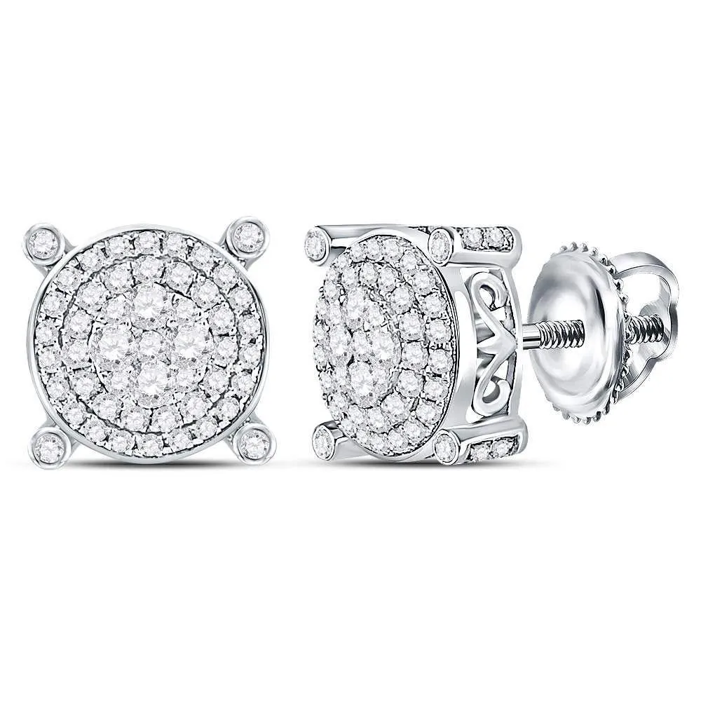 14K White Gold Round Diamond Circle Frame Cluster Earrings 1/2 Cttw