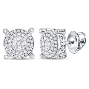 14K White Gold Round Diamond Circle Frame Cluster Earrings 1/2 Cttw
