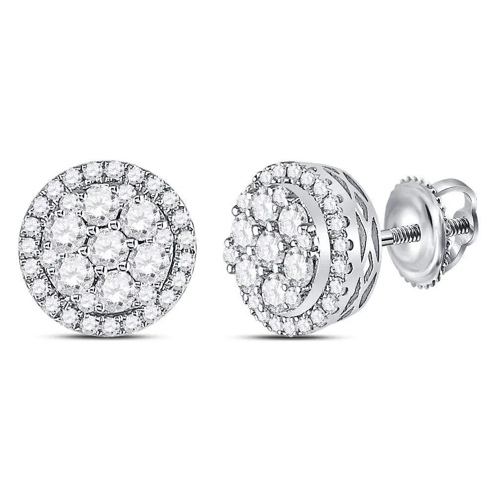 14K White Gold Round Diamond Circle Frame Cluster Earrings 7/8 Cttw