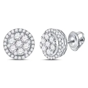 14K White Gold Round Diamond Circle Frame Cluster Earrings 7/8 Cttw