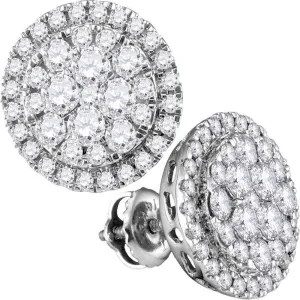 14K White Gold Round Diamond Circle Frame Cluster Stud Earrings 1.00 Cttw
