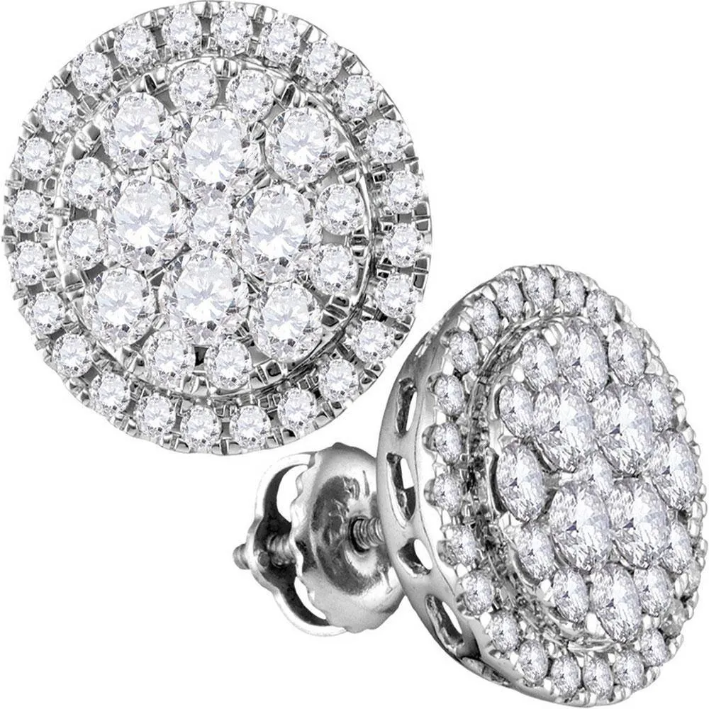 14K White Gold Round Diamond Circle Frame Cluster Stud Earrings 1.00 Cttw