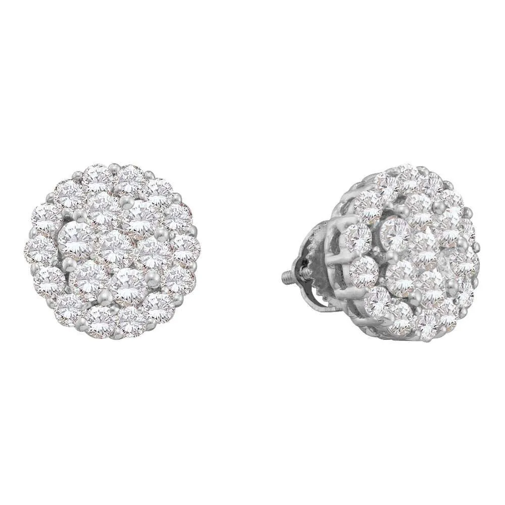 14K White Gold Round Diamond Cluster Screwback Stud Earrings 2.00 Cttw