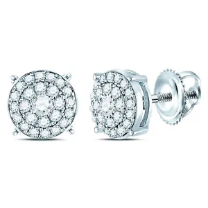 14K White Gold Round Diamond Concentric Circle Cluster Earrings 1/4 Cttw
