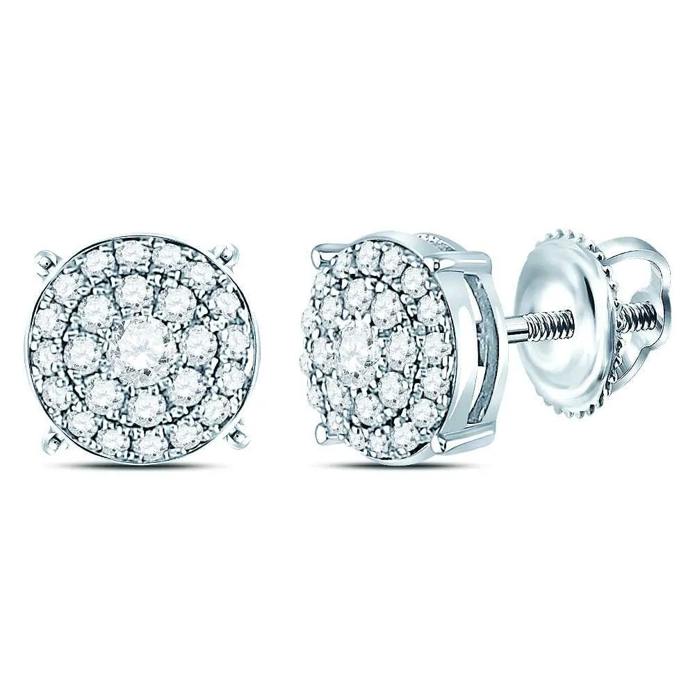 14K White Gold Round Diamond Concentric Circle Cluster Earrings 1/4 Cttw