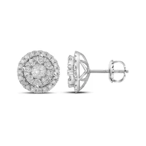 14K White Gold Round Diamond Concentric Circle Frame Cluster Earrings 1.00 Cttw