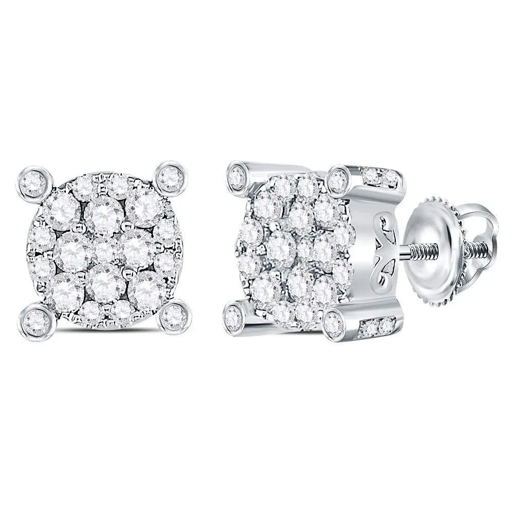 14K White Gold Round Diamond Corner Cluster Earrings 1/2 Cttw