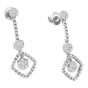 14K White Gold Round Diamond Flower Cluster Dangle Screwback Earrings 3/4 Cttw