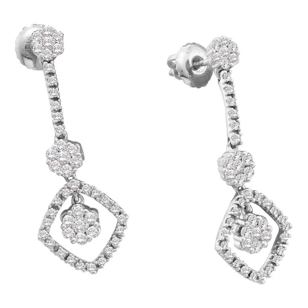 14K White Gold Round Diamond Flower Cluster Dangle Screwback Earrings 3/4 Cttw