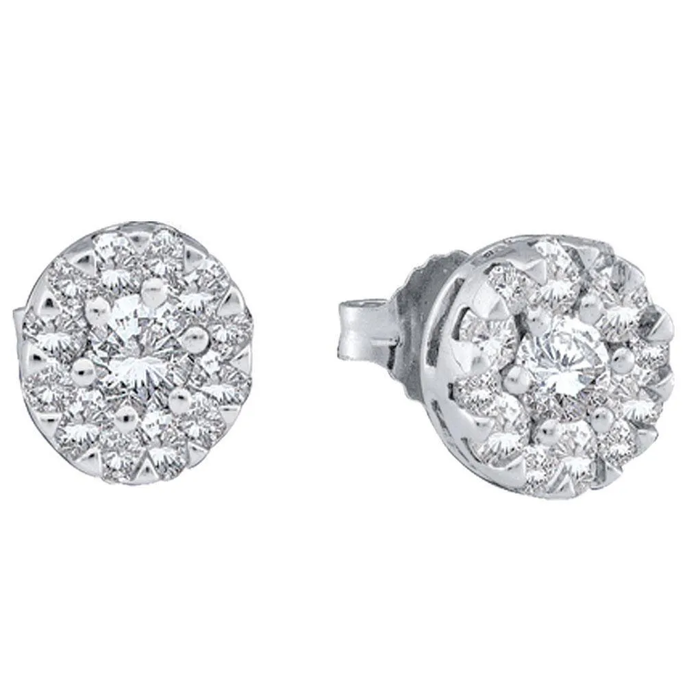 14K White Gold Round Diamond Flower Cluster Earrings 1/2 Cttw