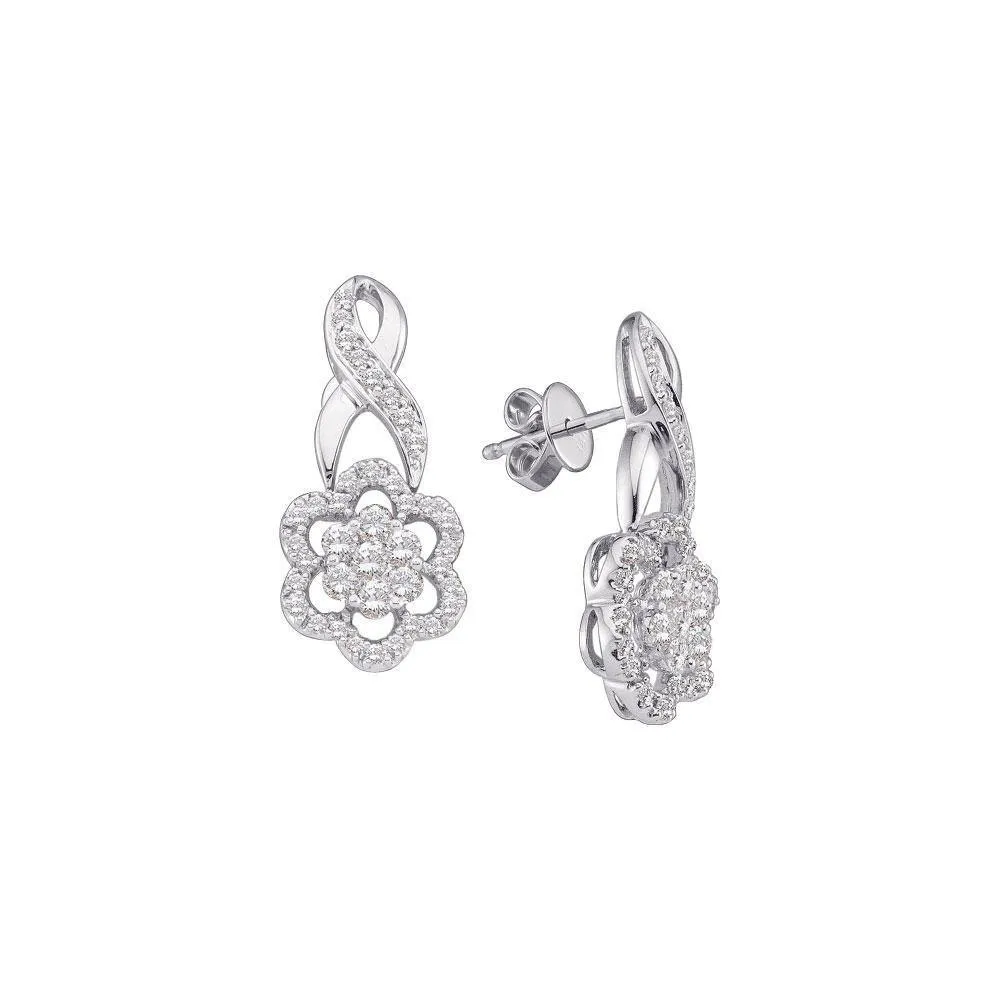 14K White Gold Round Diamond Flower Cluster Screwback Earrings 1.00 Cttw