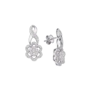 14K White Gold Round Diamond Flower Cluster Screwback Earrings 1.00 Cttw