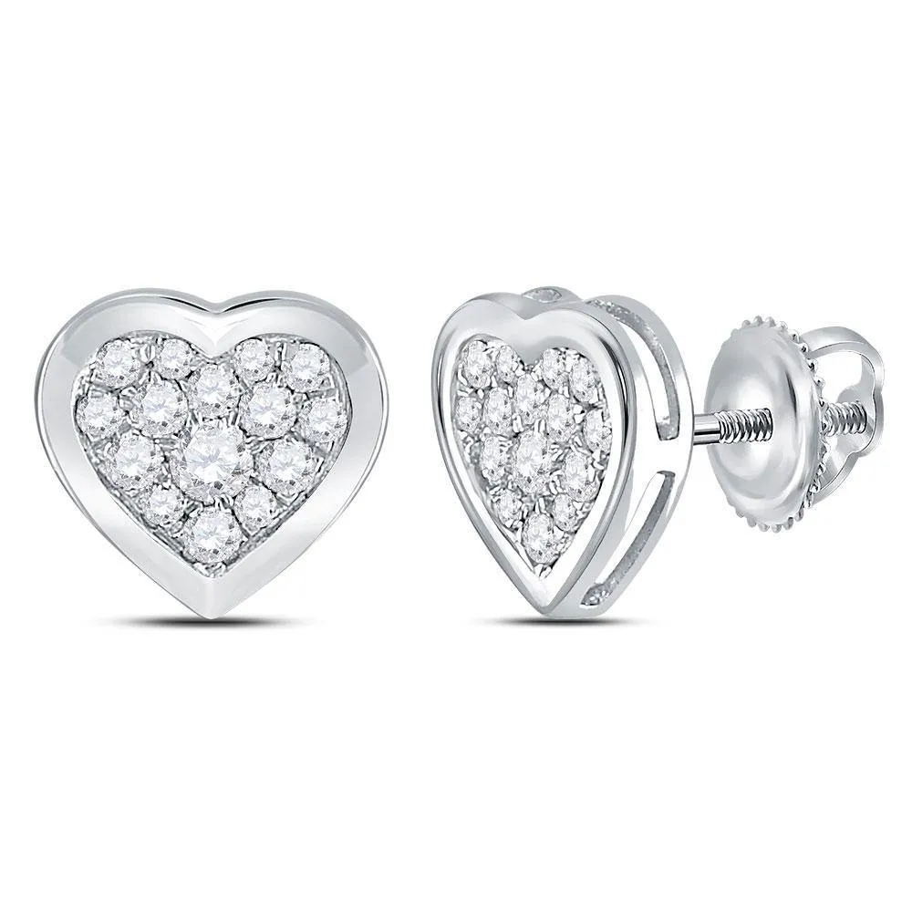 14K White Gold Round Diamond Heart Cluster Earrings 1/2 Cttw
