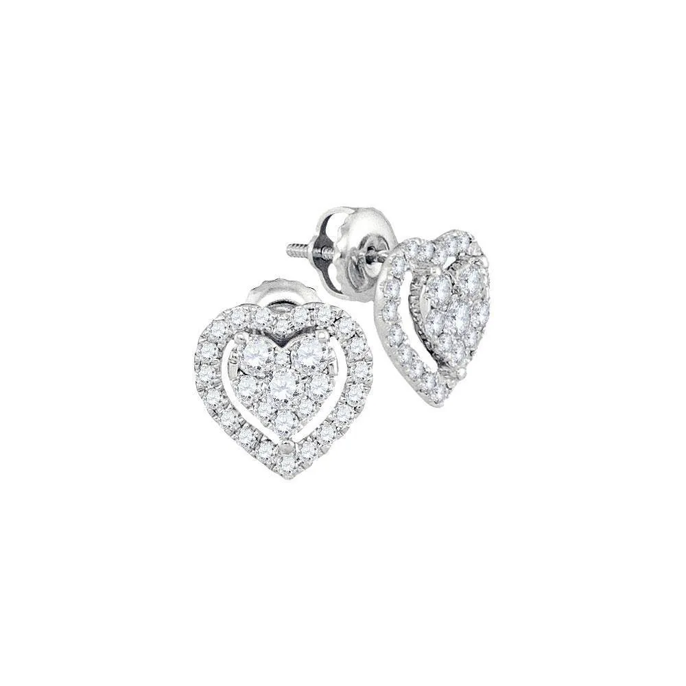 14K White Gold Round Diamond Heart Frame Cluster Stud Earrings 3/4 Cttw