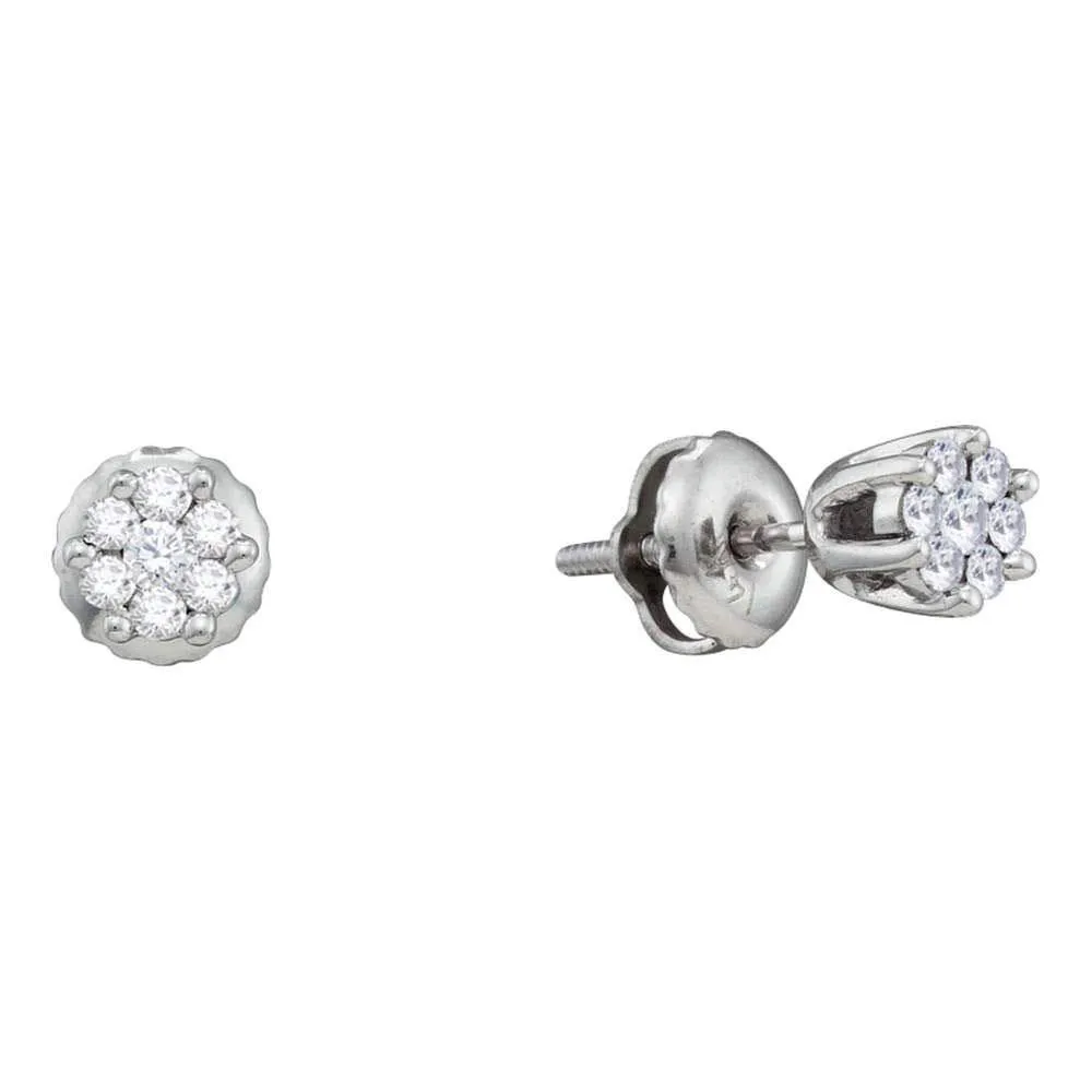 14K White Gold Round Diamond Small Flower Cluster Screwback Earrings 1/6 Cttw