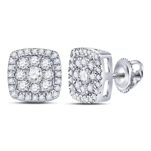 14K White Gold Round Diamond Square Cluster Earrings 1.00 Cttw