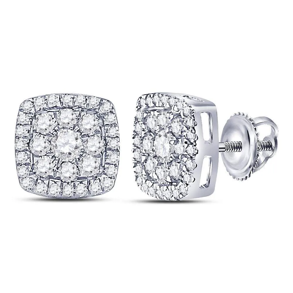 14K White Gold Round Diamond Square Cluster Earrings 1.00 Cttw