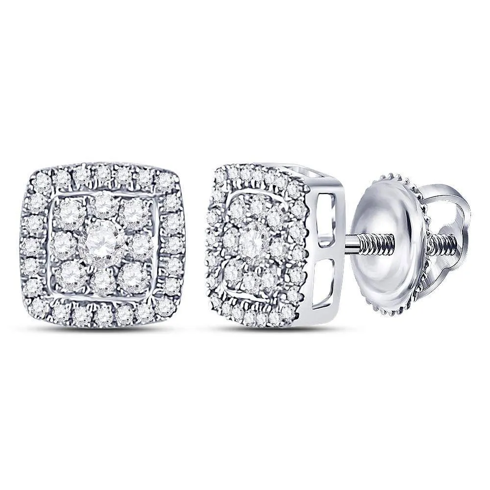 14K White Gold Round Diamond Square Cluster Earrings 1/3 Cttw