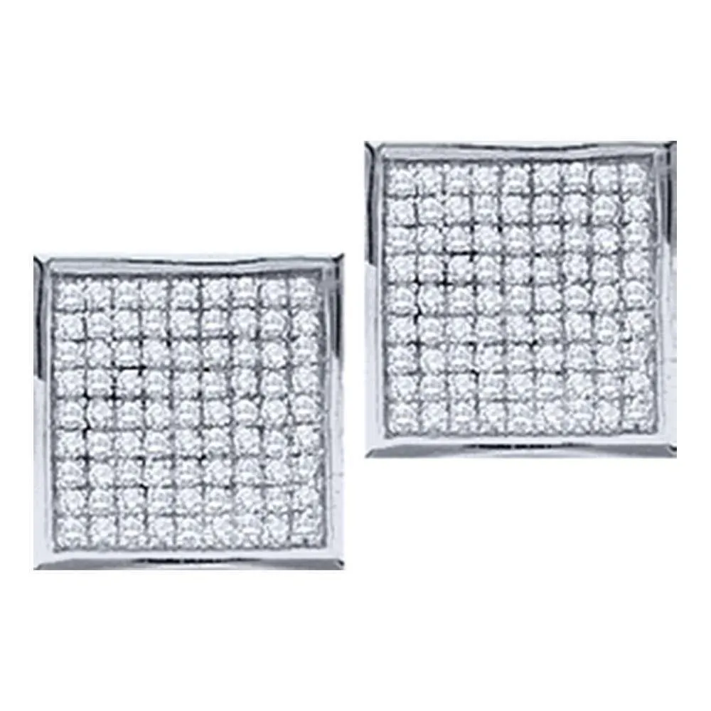 14K White Gold Round Diamond Square Cluster Stud Earrings 1/20 Cttw