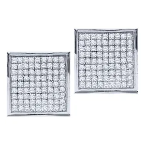 14K White Gold Round Diamond Square Cluster Stud Earrings 1/20 Cttw