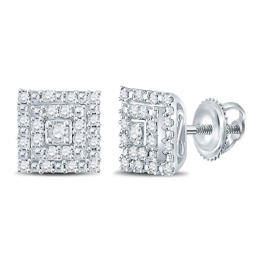 14K White Gold Round Diamond Square Cluster Stud Earrings 1/4 Cttw