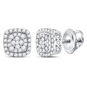 14K White Gold Round Diamond Square Frame Cluster Earrings 1/2 Cttw