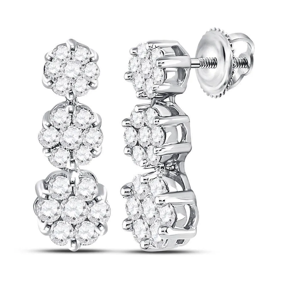 14K White Gold Round Diamond Triple Vertical Flower Cluster Earrings 1.00 Cttw