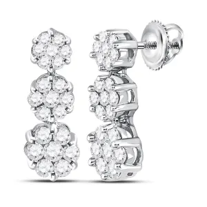 14K White Gold Round Diamond Triple Vertical Flower Cluster Earrings 1.00 Cttw