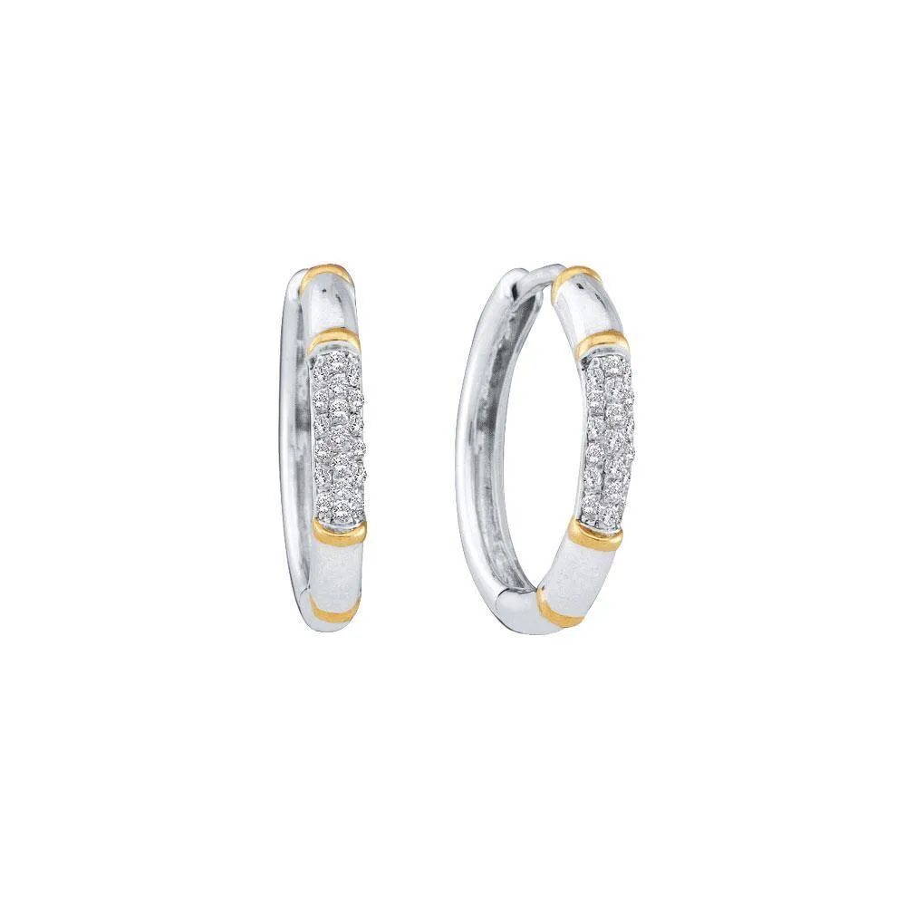 14K White Gold Round Diamond Two-tone Cluster Hoop Earrings 1/6 Cttw