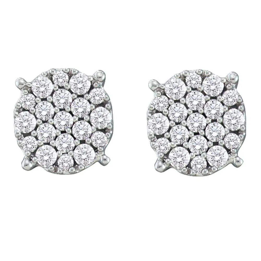 14K White Gold Round Pave-set Diamond Flower Cluster Earrings 1/2 Cttw