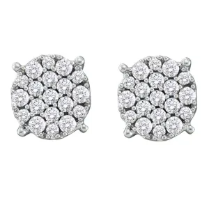 14K White Gold Round Pave-set Diamond Flower Cluster Earrings 1/2 Cttw