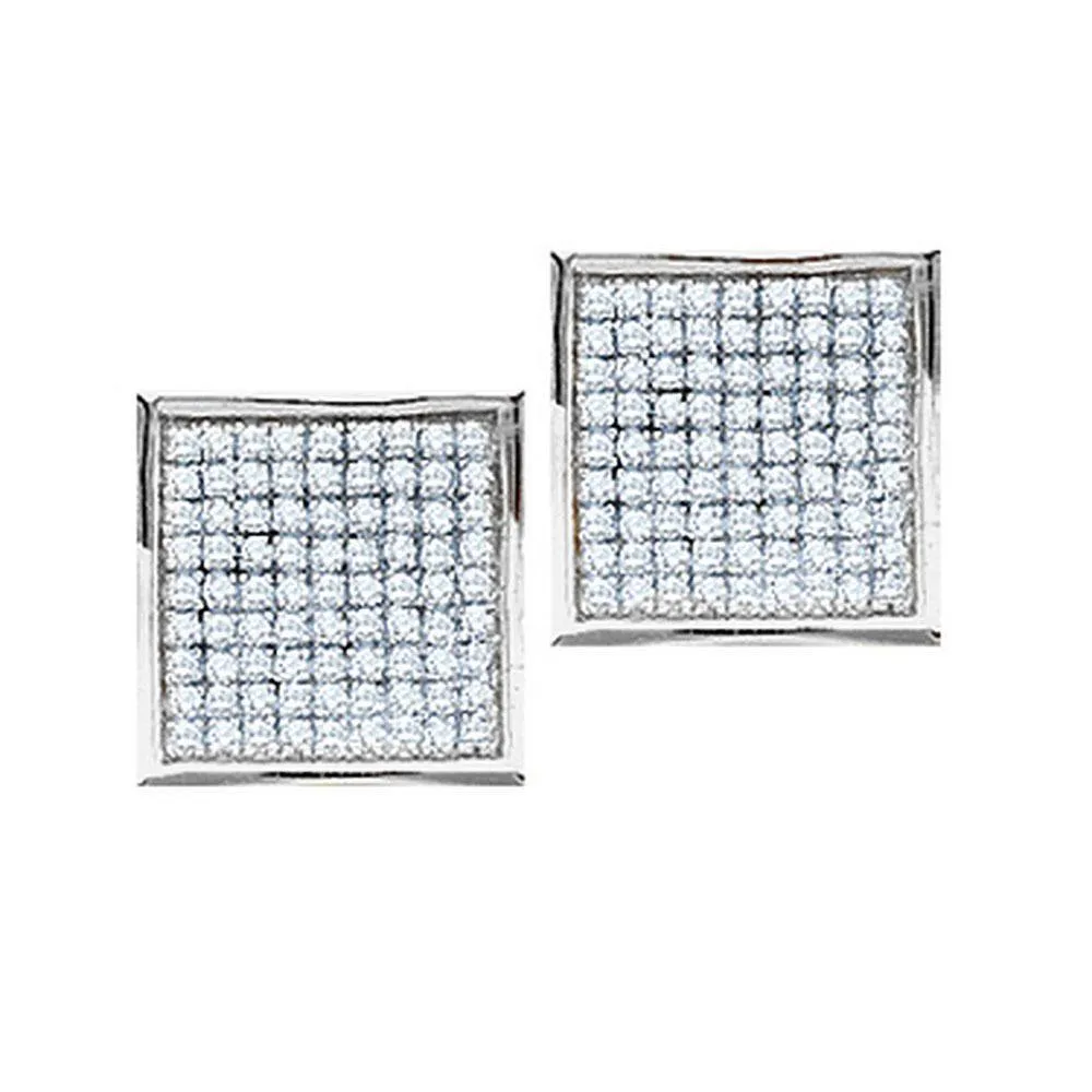 14K White Gold Round Pave-set Diamond Square Cluster Earrings 1/2 Cttw
