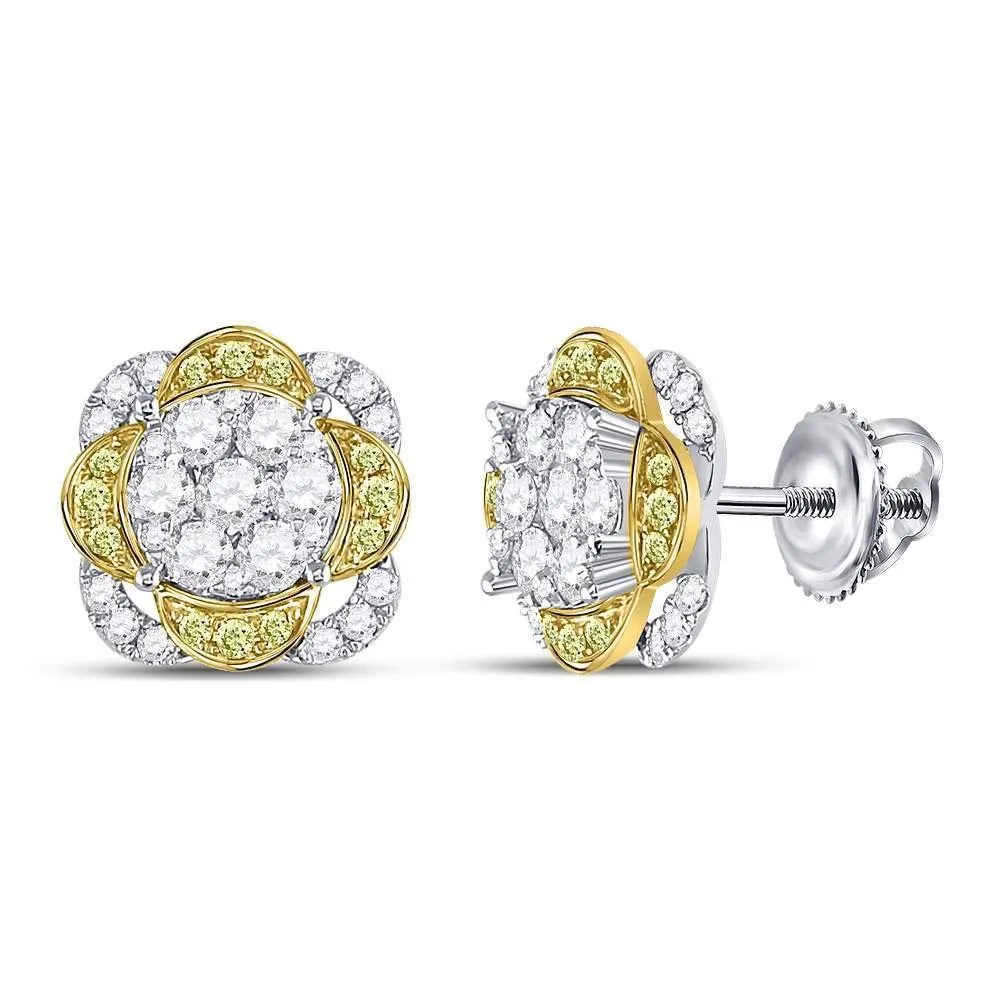 14K White Gold Round Yellow Diamond Flower Cluster Earrings 5/8 Cttw