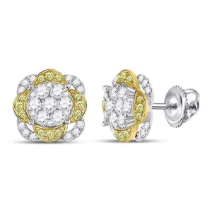 14K White Gold Round Yellow Diamond Flower Cluster Earrings 5/8 Cttw