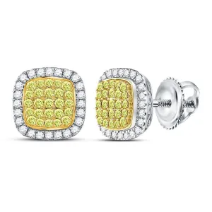 14K White Gold Round Yellow Diamond Square Frame Cluster Earrings 2.00 Cttw