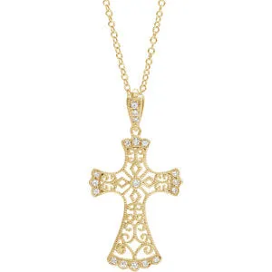 14K Yellow 1/10 CTW Diamond Vintage-Inspired Cross Necklace
