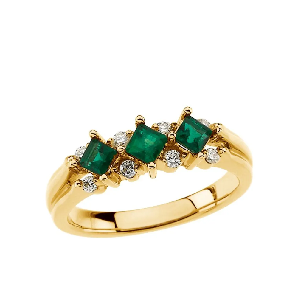 14k Yellow Gold Emerald & 1/8 CTW Diamond Anniversary Band Size 7