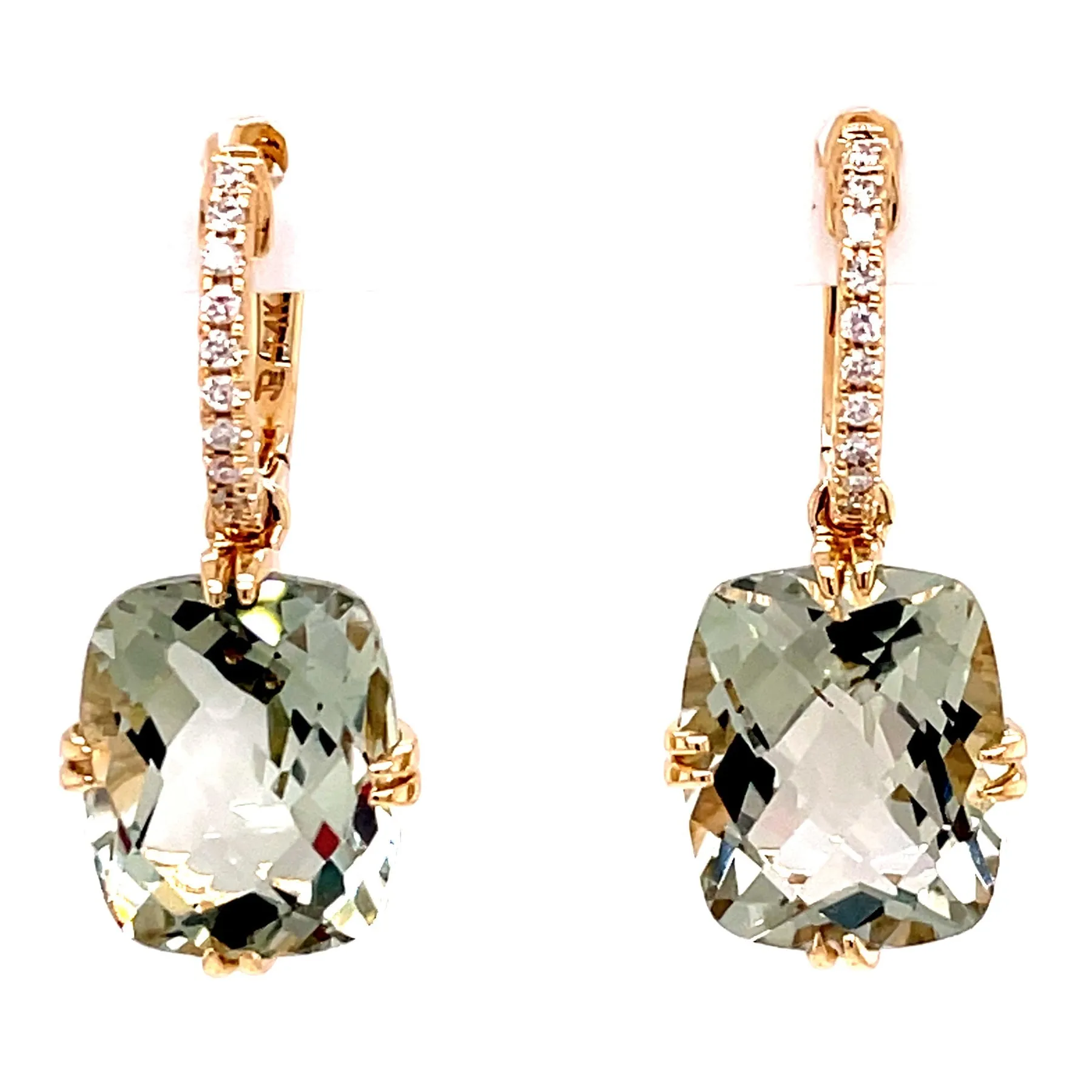 14k Yellow Gold Green Amethyst with Diamond Euro Wire Earrings, Gr Am=8.30tw, Dias=.12tw GH/SI