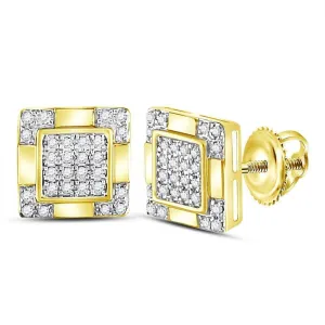 14K Yellow Gold Mens Round Diamond Square Cluster Stud Earrings 1/6 Cttw