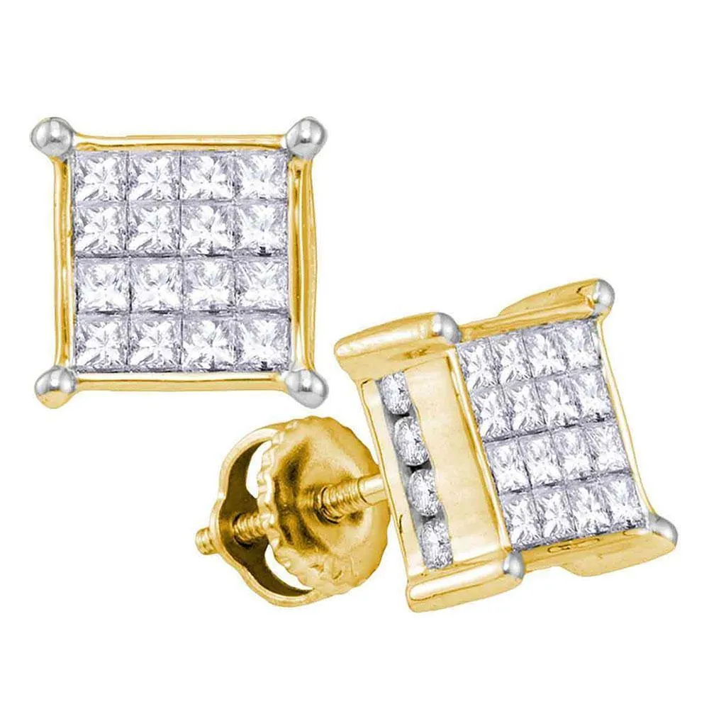 14K Yellow Gold Princess Diamond Cluster Stud Earrings 1.00 Cttw