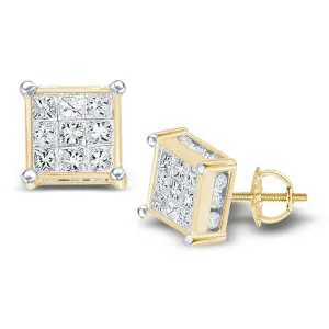 14K Yellow Gold Princess Diamond Cluster Stud Earrings 7/8 Cttw