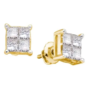 14K Yellow Gold Princess Diamond Square Cluster Stud Earrings 1.00 Cttw