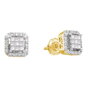 14K Yellow Gold Princess Diamond Square Frame Cluster Earrings 1/3 Cttw