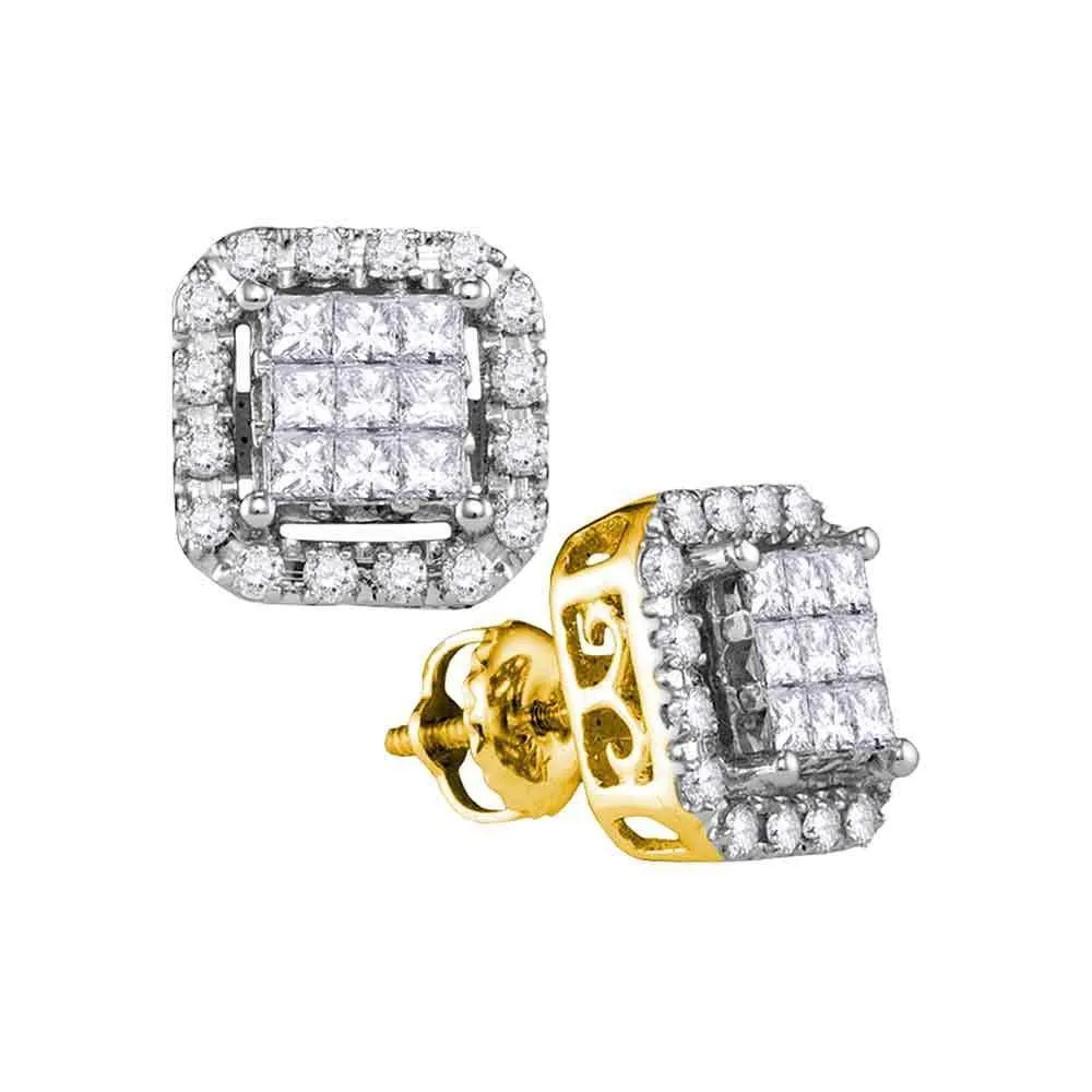 14K Yellow Gold Princess Diamond Square Frame Cluster Stud Earrings 1.00 Cttw