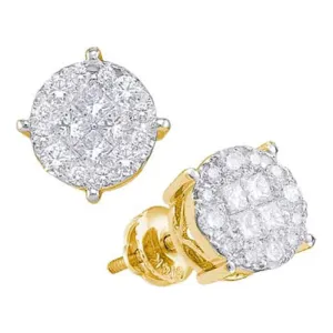 14K Yellow Gold Princess Round Diamond Soleil Cluster Earrings 1.00 Cttw