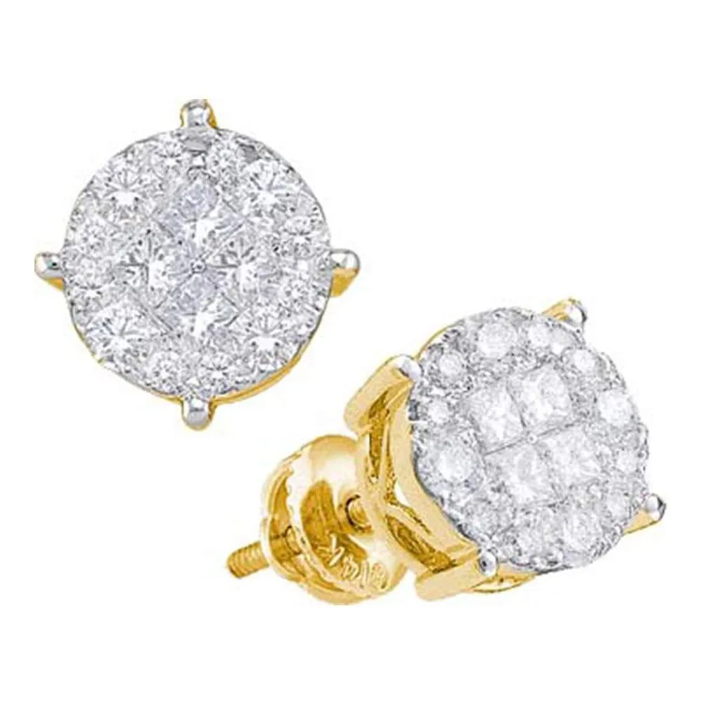 14K Yellow Gold Princess Round Diamond Soleil Cluster Earrings 1.00 Cttw