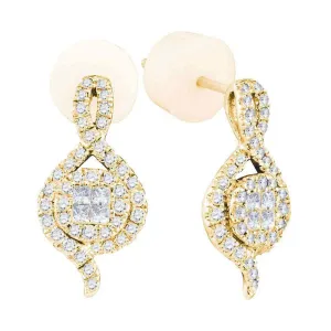 14K Yellow Gold Princess Round Diamond Soleil Spade Cluster Earrings 1/2 Cttw