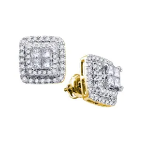 14K Yellow Gold Princess Round Diamond Square Frame Cluster Earrings 1.00 Cttw