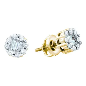 14K Yellow Gold Round Baguette Diamond Cluster Screwback Stud Earrings 1/4 Cttw