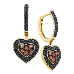 14K Yellow Gold Round Black Color Enhanced Diamond Heart Cluster Earrings 5/8 Cttw